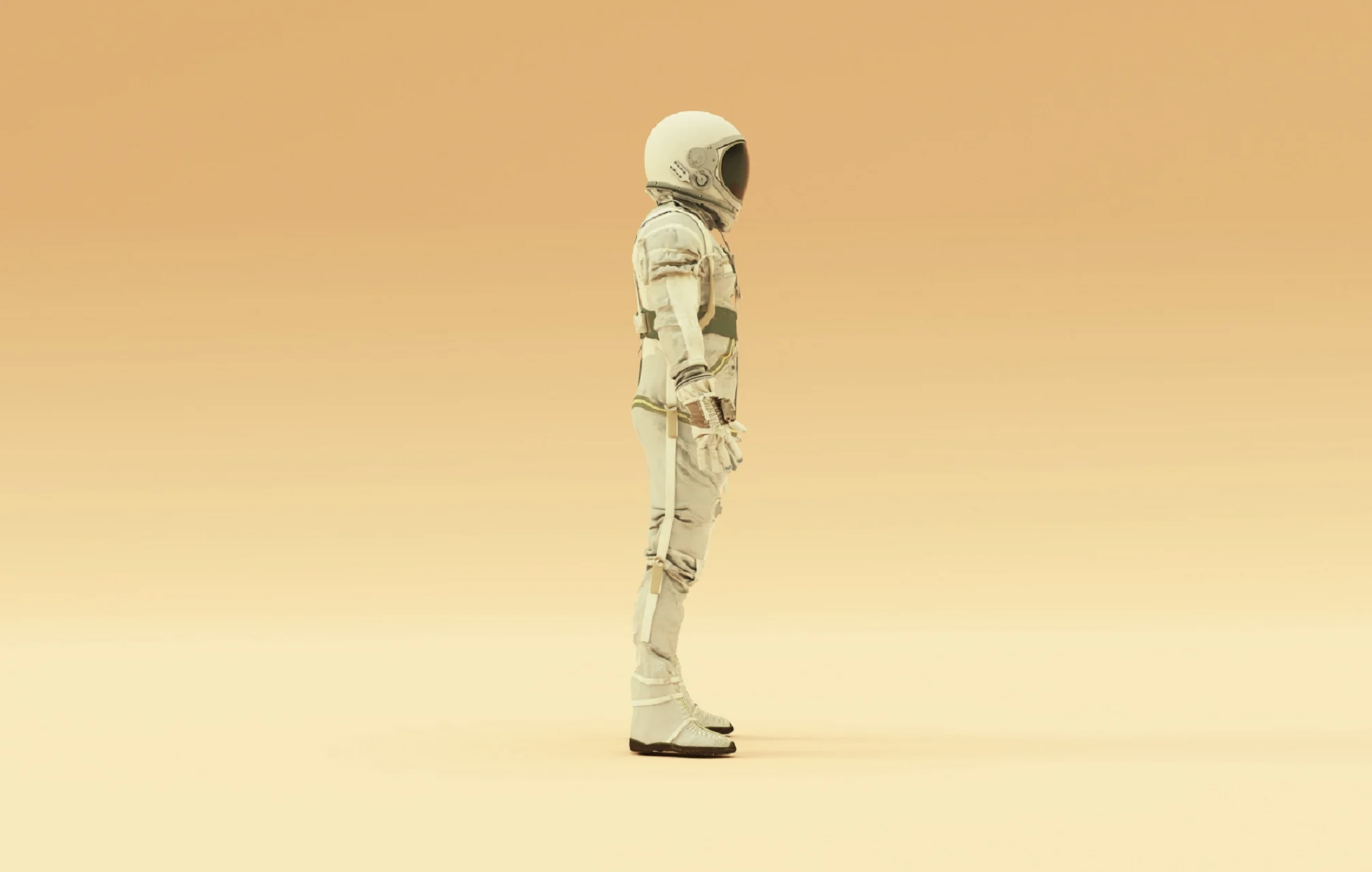 Form-fitting spacesuit in white on a dusty orange background